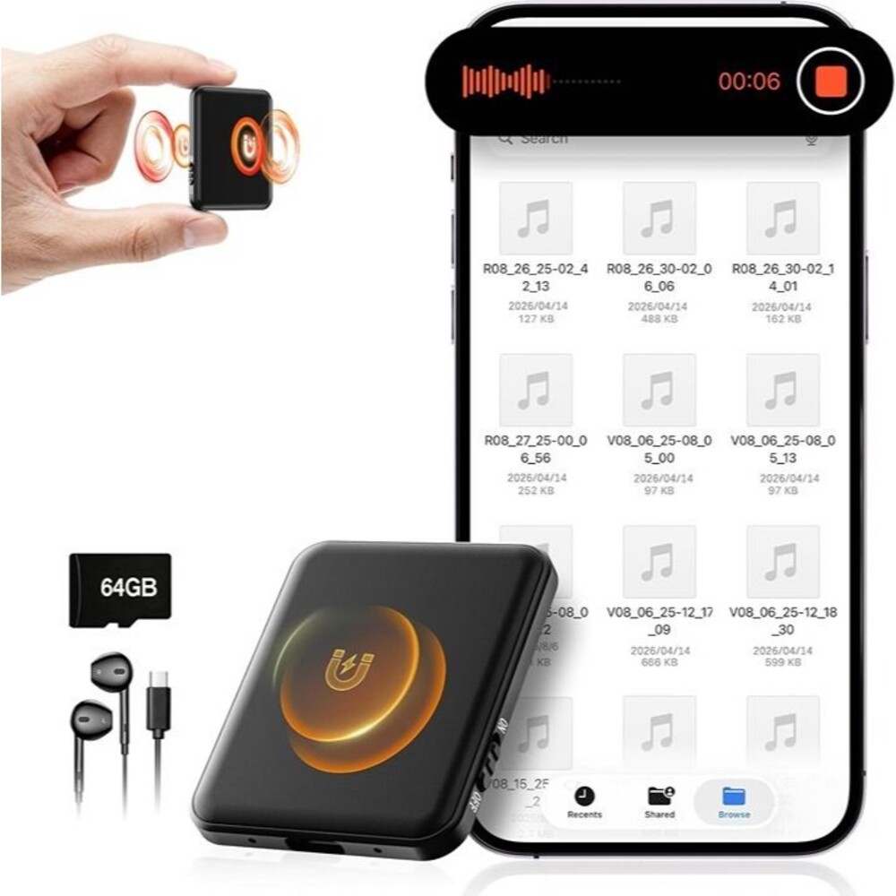 Voice Activated Recorder 64GB - Double-Sided Magnetic with AI Noise Reduction